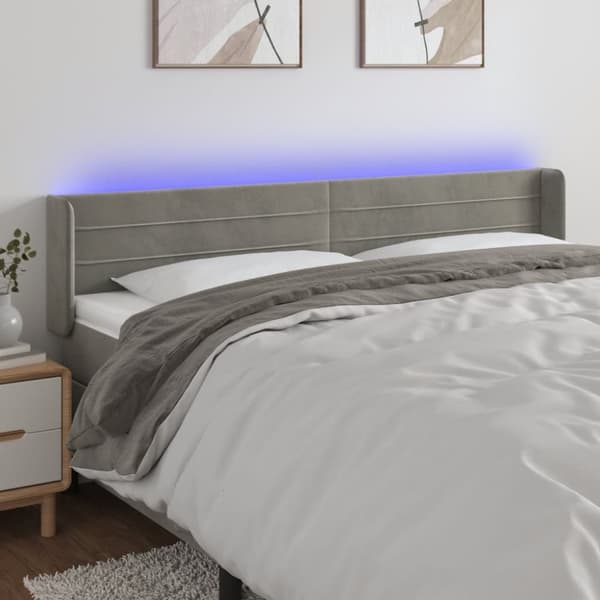 sengegavl med LED-lys 203x16x78/88 cm fløjl lysegrå