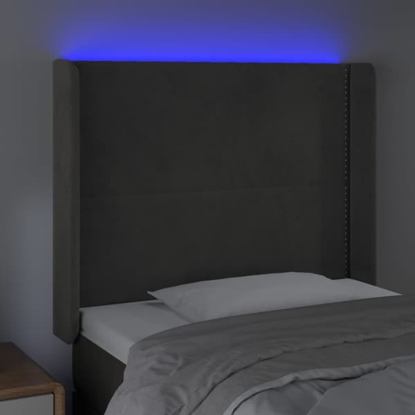 sengegavl med LED-lys 83x16x118/128 cm fløjl mørkegrå