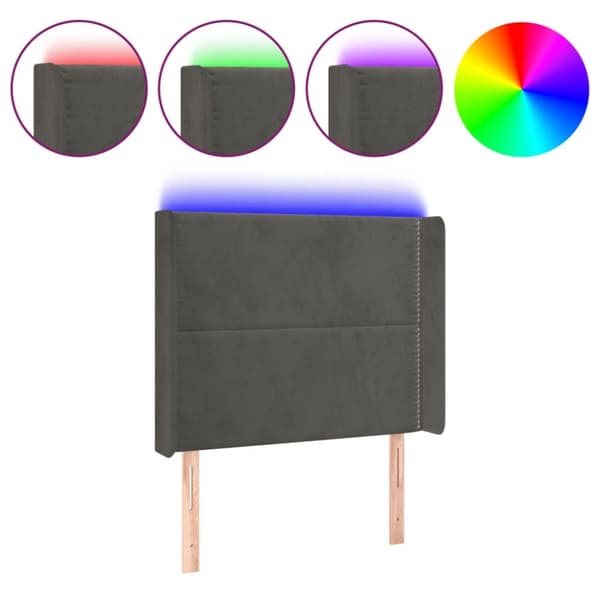 sengegavl med LED-lys 83x16x118/128 cm fløjl mørkegrå