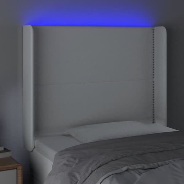 sengegavl med LED-lys 93x16x118/128 cm kunstlæder hvid