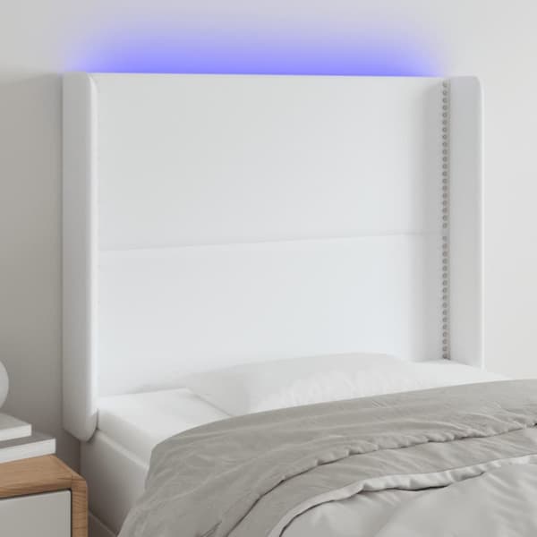 sengegavl med LED-lys 93x16x118/128 cm kunstlæder hvid