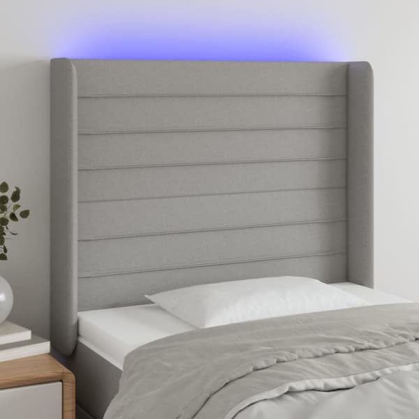 Sängyn pääty LED-valolla, vaaleanharmaa, 83x16x118/128 cm, kangas