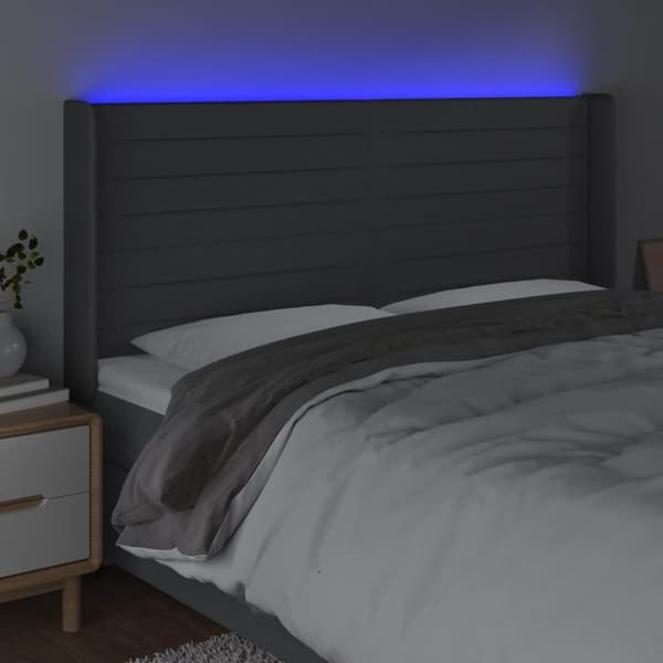Sängyn pääty LED-valolla, tummanharmaa, 163x16x118/128cm, kangas