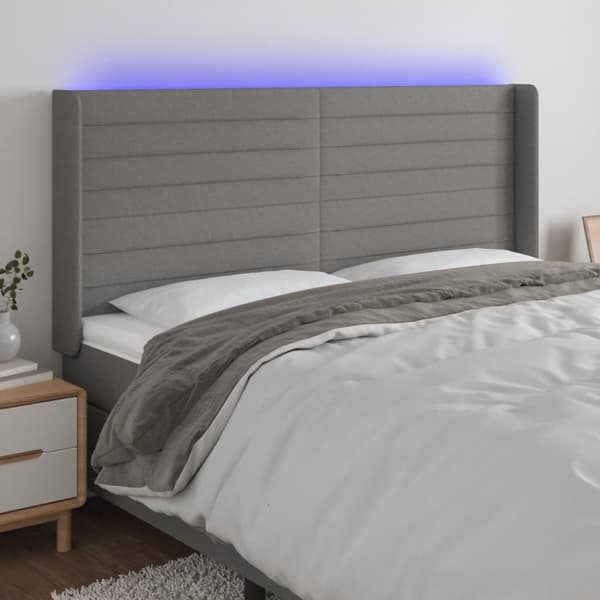 Sängyn pääty LED-valolla, tummanharmaa, 163x16x118/128cm, kangas