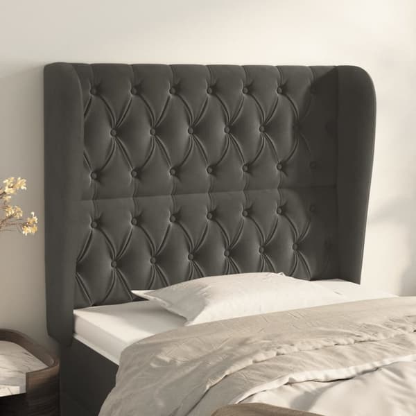 sengegavl med kanter 103x23x118/128 cm fløjl mørkegrå