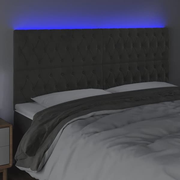 sengegavl med LED-lys 200x7x118/128 cm fløjl mørkegrå