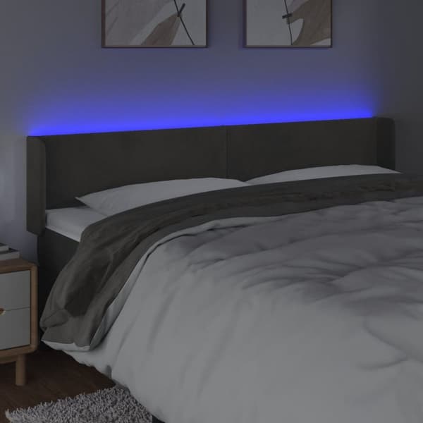 sengegavl med LED-lys 203x16x78/88 cm fløjl mørkegrå