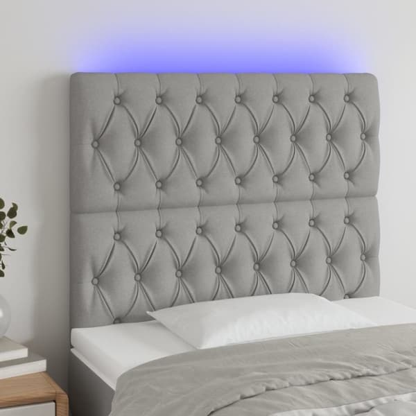 Sängyn pääty LED-valolla, vaaleanharmaa, 90x7x118/128 cm, kangas