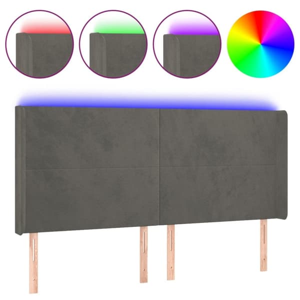 sengegavl med LED-lys 203x16x118/128 cm fløjl mørkegrå