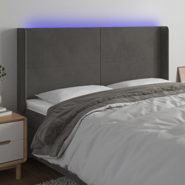 sengegavl med LED-lys 203x16x118/128 cm fløjl mørkegrå
