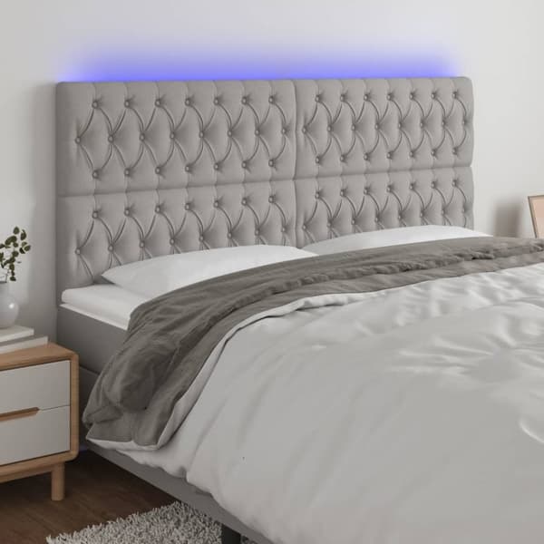 Sängyn pääty LED-valolla, vaaleanharmaa, 200x7x118/128 cm, kangas