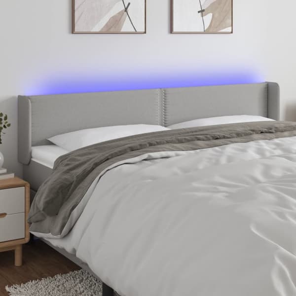 sengegavl med LED-lys 203x16x78/88 cm stof lysegrå