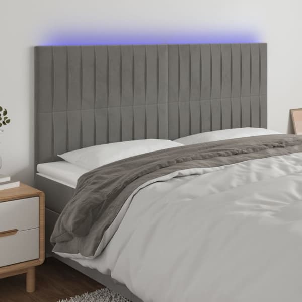 sengegavl med LED-lys 160x5x118/128 cm fløjl lysegrå