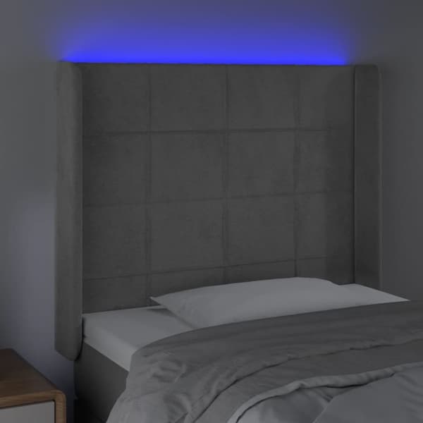 sengegavl med LED-lys 93x16x118/128 cm fløjl lysegrå