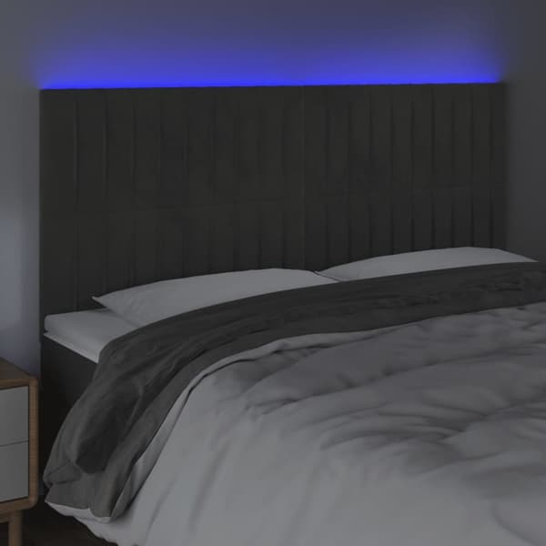 sengegavl med LED-lys 180x5x118/128 cm fløjl mørkegrå