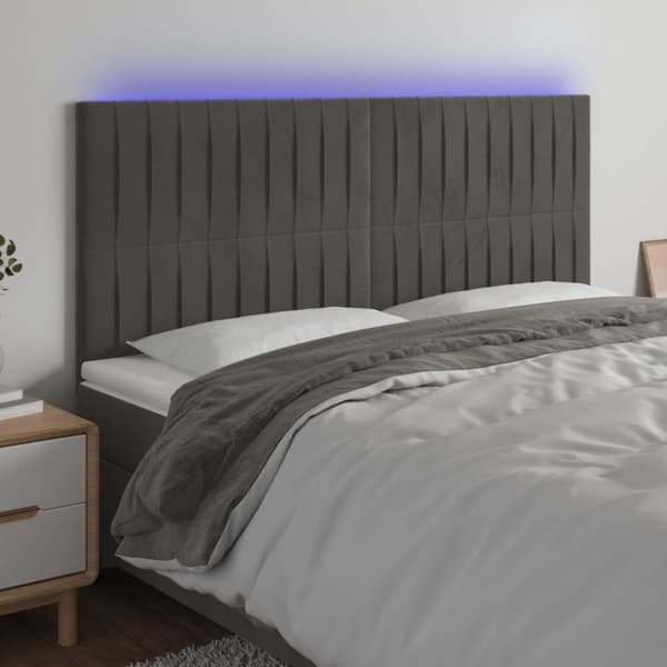 sengegavl med LED-lys 180x5x118/128 cm fløjl mørkegrå