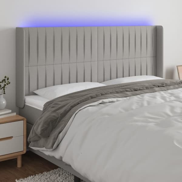 Sängyn pääty LED-valolla, vaaleanharmaa, 183x16x118/128 cm, kangas