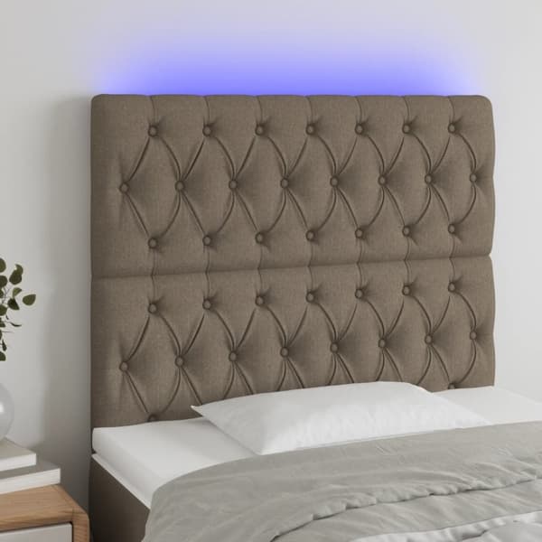 sengegavl med LED-lys 100x7x118/128 cm stof gråbrun