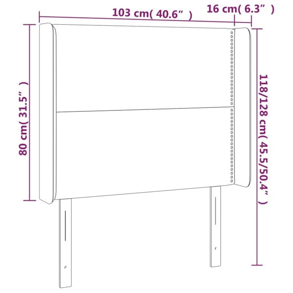 sengegavl med LED-lys 103x16x118/128 cm fløjl mørkegrå