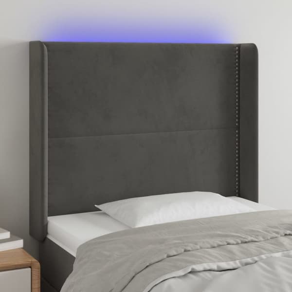 sengegavl med LED-lys 103x16x118/128 cm fløjl mørkegrå