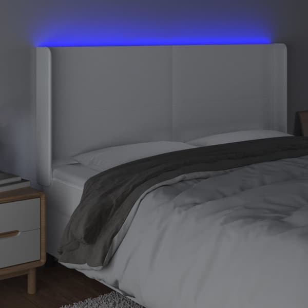 sengegavl med LED-lys 203x16x118/128 cm kunstlæder hvid