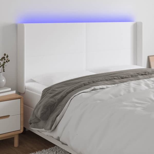 sengegavl med LED-lys 203x16x118/128 cm kunstlæder hvid