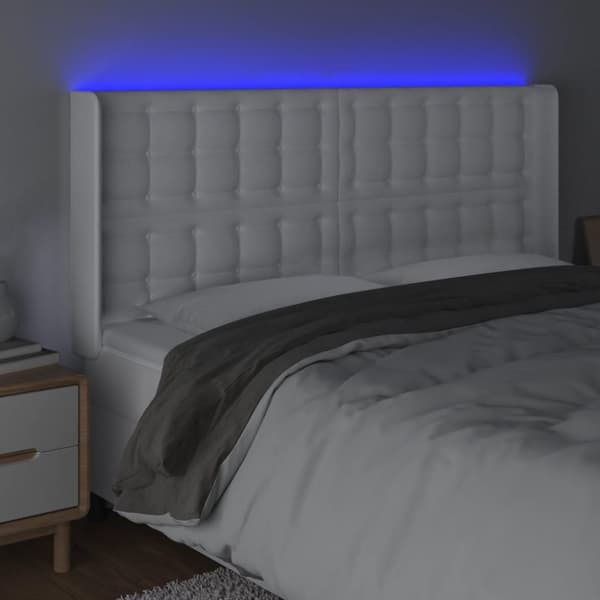 sengegavl med LED-lys 203x16x118/128 cm kunstlæder hvid