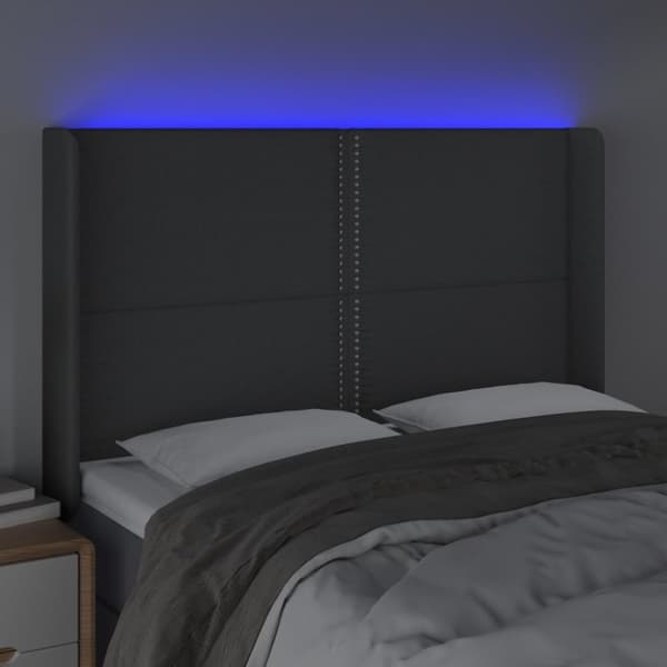 sengegavl med LED-lys 147x16x118/128 cm stof mørkegrå