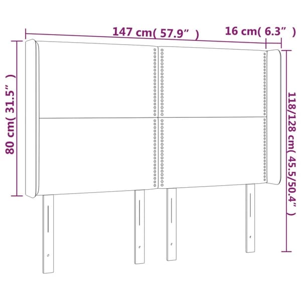 sengegavl med LED-lys 147x16x118/128 cm stof mørkegrå