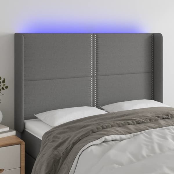sengegavl med LED-lys 147x16x118/128 cm stof mørkegrå