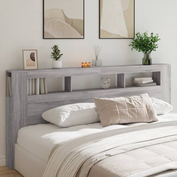 sengegavl 220x18,5x103,5 cm LED-lys konstrueret træ grå sonoma
