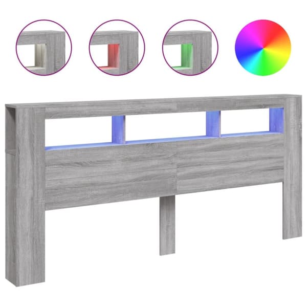 sengegavl 220x18,5x103,5 cm LED-lys konstrueret træ grå sonoma