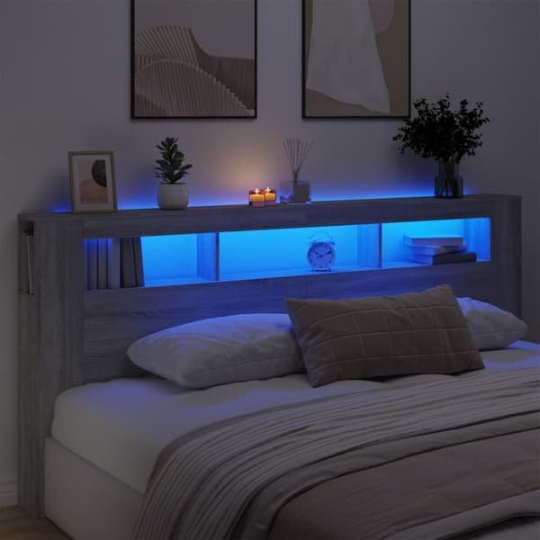 sengegavl 220x18,5x103,5 cm LED-lys konstrueret træ grå sonoma
