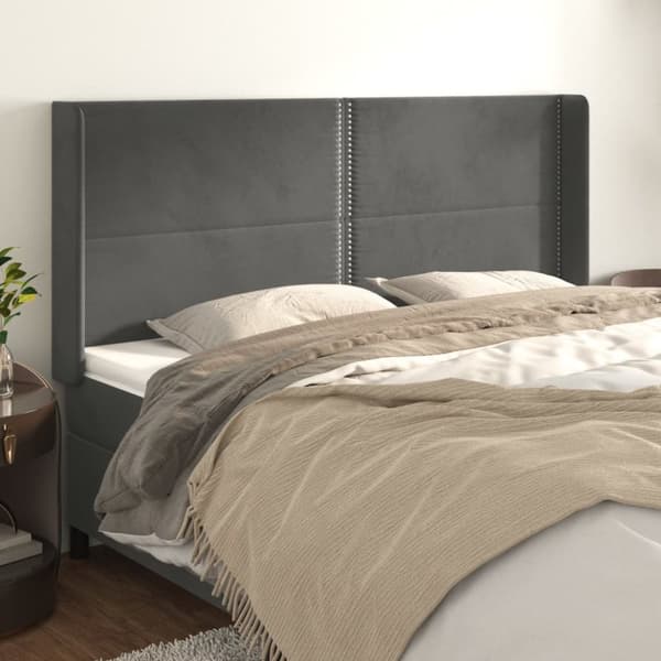 sengegavl med kanter 163x16x118/128 cm fløjl mørkegrå