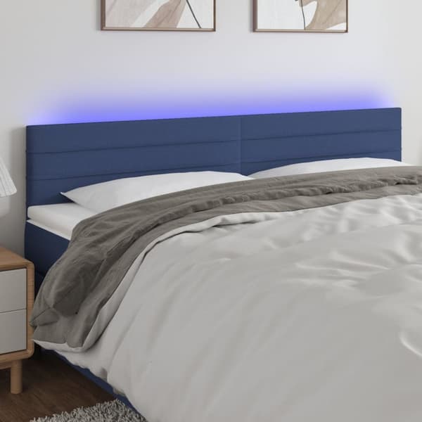 sengegavl med LED-lys 200x5x78/88 cm stof blå
