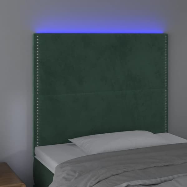 sengegavl med LED-lys 100x5x118/128 cm fløjl mørkegrøn