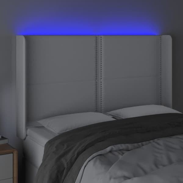Sängyn pääty LED-valolla, valkoinen, 147x16x118/128cm tekonahka