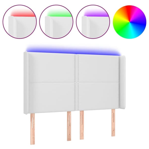 Sängyn pääty LED-valolla, valkoinen, 147x16x118/128cm tekonahka