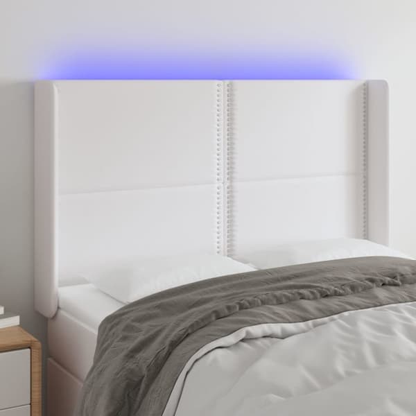 Sängyn pääty LED-valolla, valkoinen, 147x16x118/128cm tekonahka