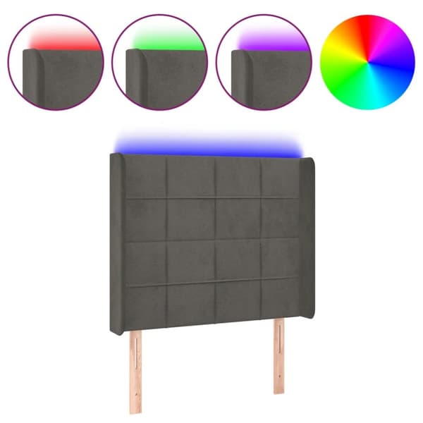 sengegavl med LED-lys 103x16x118/128 cm fløjl mørkegrå