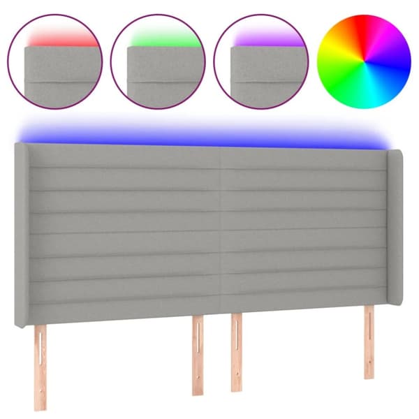 sengegavl med LED-lys 203x16x118/128 cm stof lysegrå