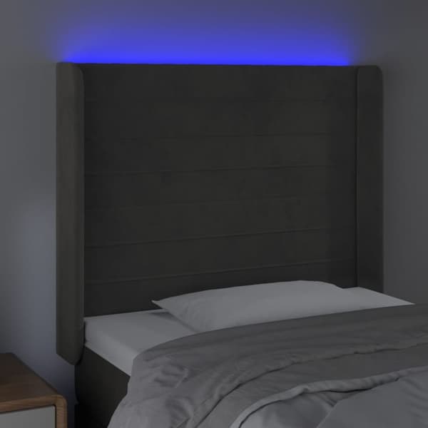 sengegavl med LED-lys 93x16x118/128 cm fløjl mørkegrå
