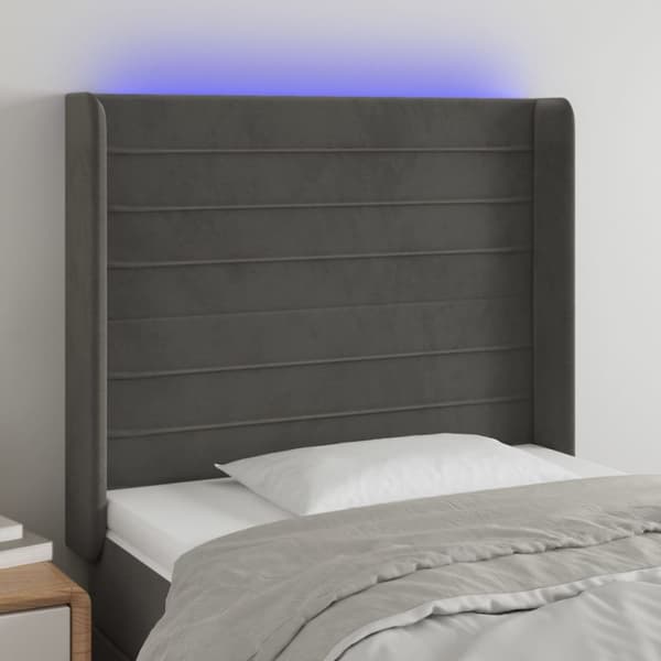 sengegavl med LED-lys 93x16x118/128 cm fløjl mørkegrå