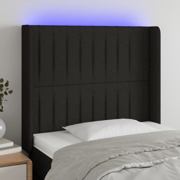 Sängyn pääty LED-valolla, musta, 103x16x118/128 cm, kangas