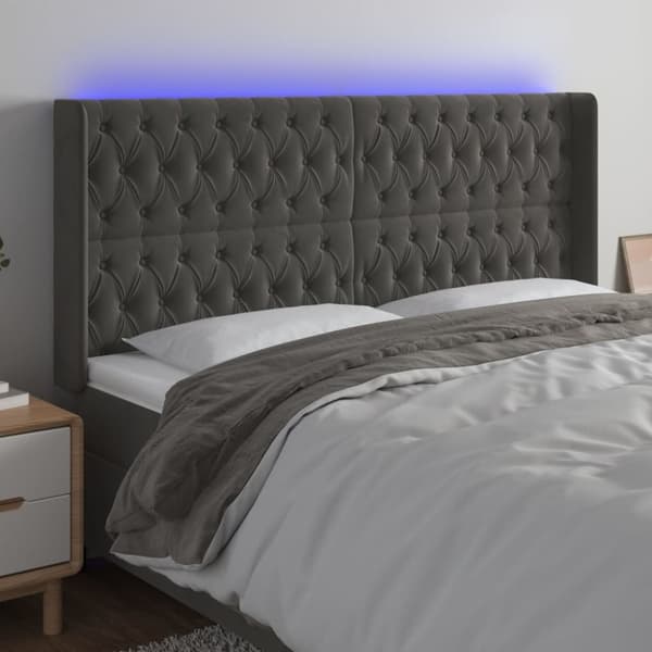 sengegavl med LED-lys 203x16x118/128 cm fløjl mørkegrå