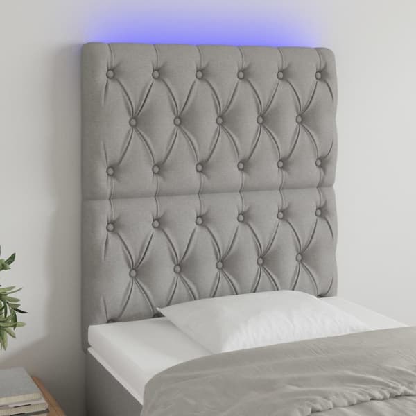 Sängyn pääty LED-valolla, vaaleanharmaa, 80x7x118/128 cm, kangas