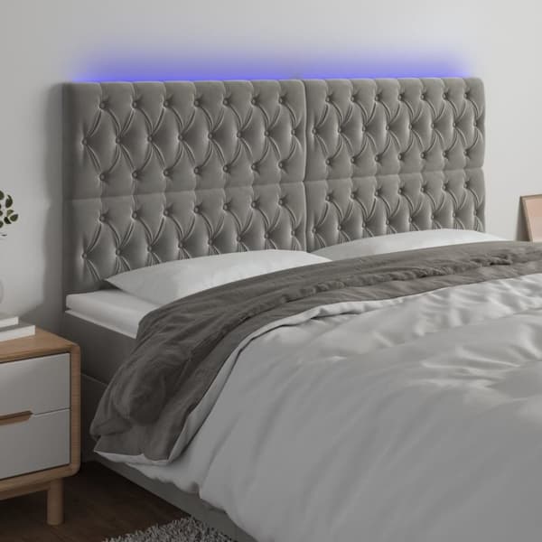 Sängyn pääty LED-valolla, vaaleanharmaa, 200x7x118/128 cm, sametti