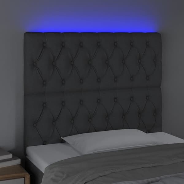 sengegavl med LED-lys 90x7x118/128 cm stof mørkegrå