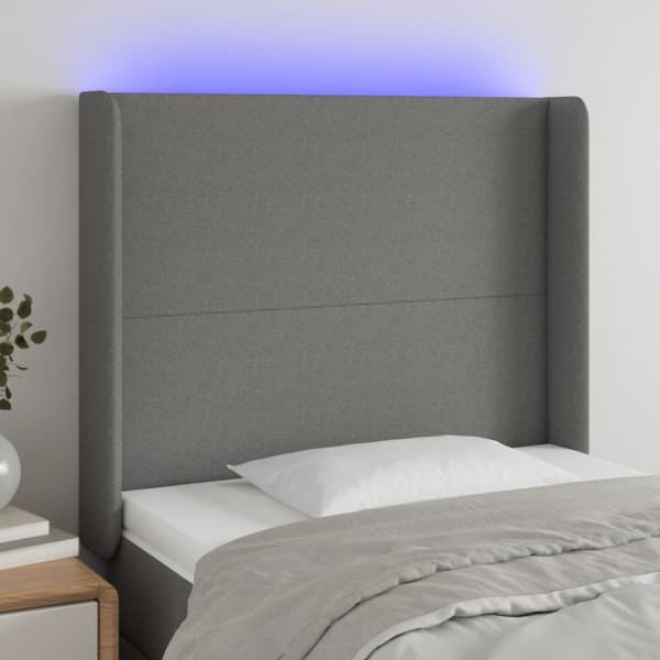 Sängyn pääty LED-valolla, tummanharmaa, 93x16x118/128 cm, kangas
