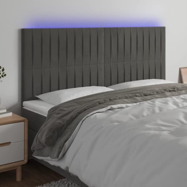 sengegavl med LED-lys 160x5x118/128 cm fløjl mørkegrå